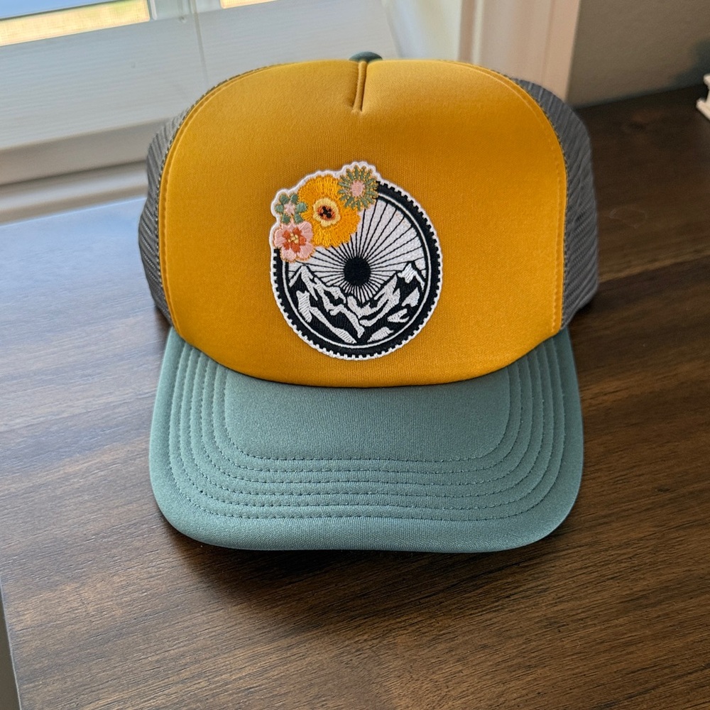 NWOT Yellow and Green Trucker Hat with Floral Patch